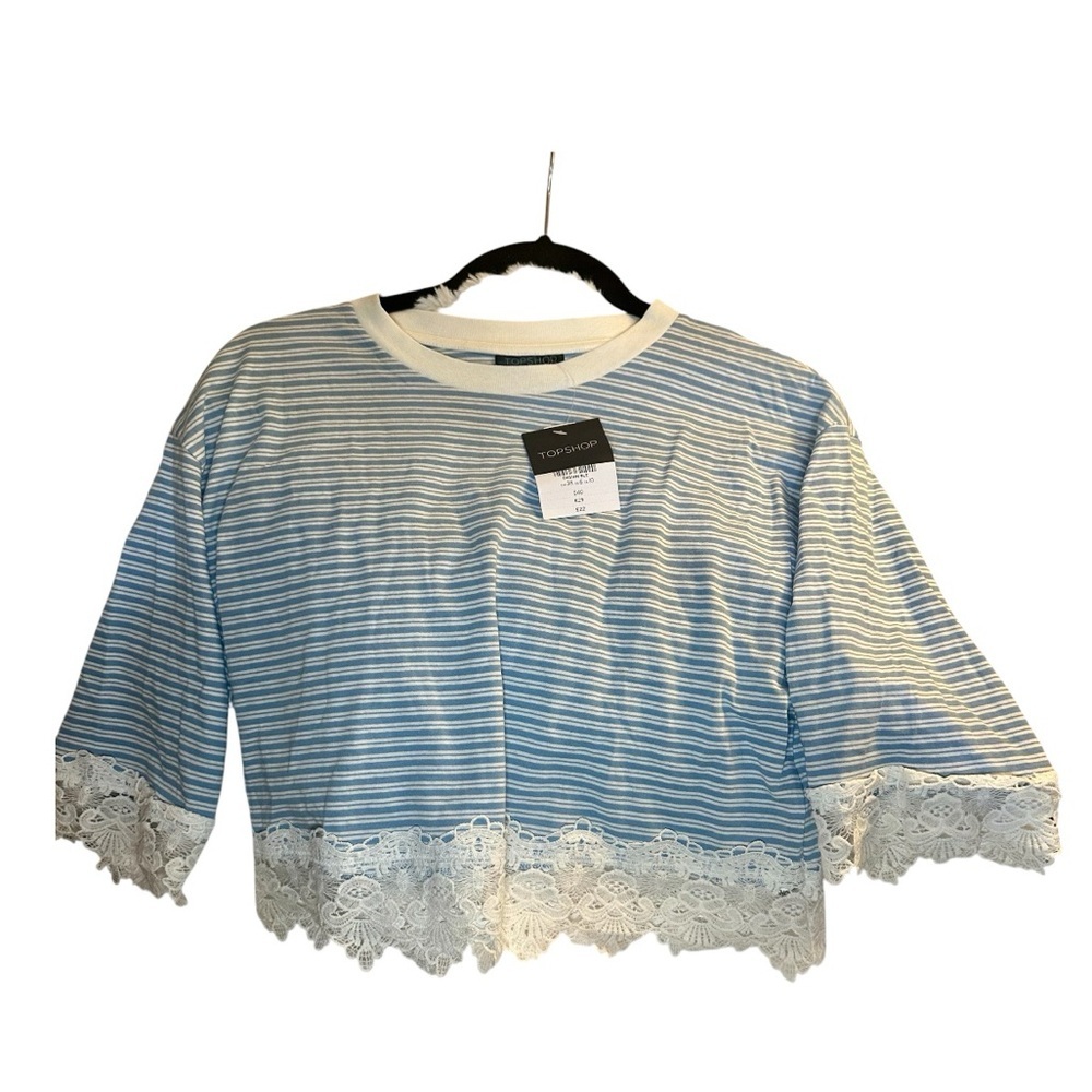 Topshop Blue White Stripe Lace Hem Crop Top NWT Size 6 - Picture 2 of 8